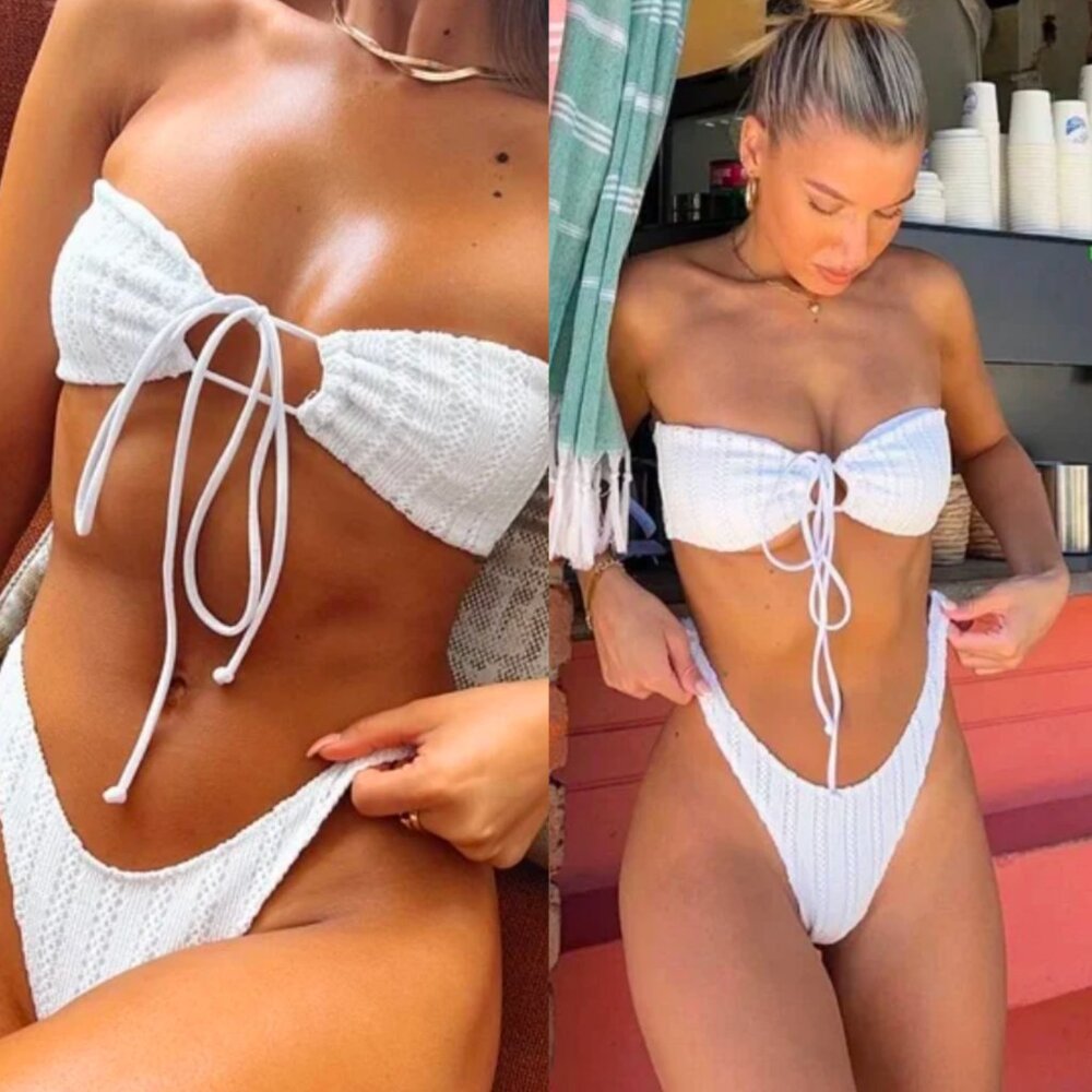 ☀️ NEW WHITE FOX Hello Sunshine Bandeau Bikini Top White Crochet Cut Out Large